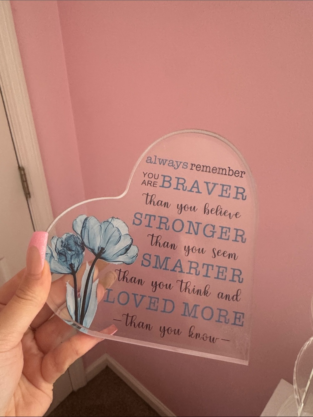 Amazon Pink Heart Plaque with Blue Floral Accents